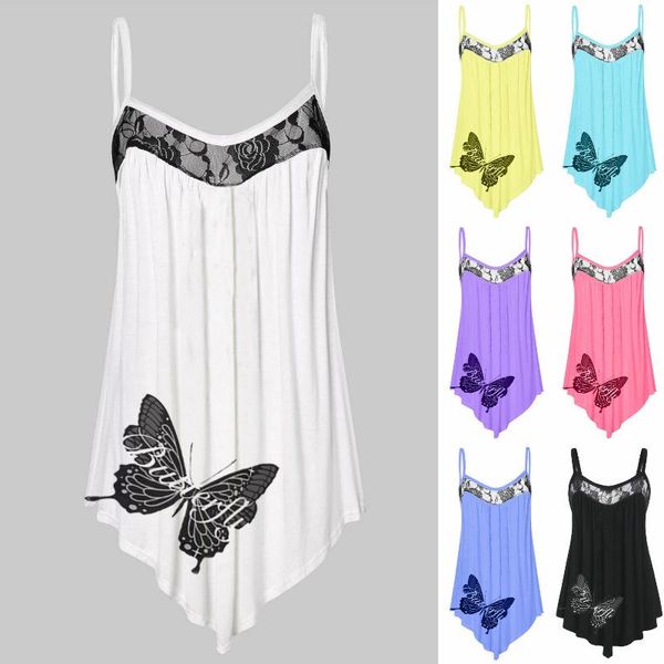 

women's tanks & camis women vest t-shirt butterfly print irregular ruffled lace stitching slim waist pullover sleeveless v-neck mid-len, White