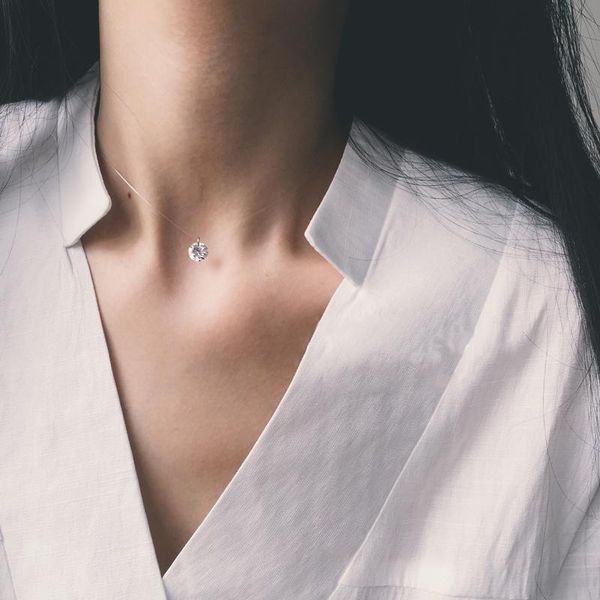 

pendant necklaces 925 stamp silver plated necklace transparent invisible fishing line shiny cubic zirconia choker & pendants
