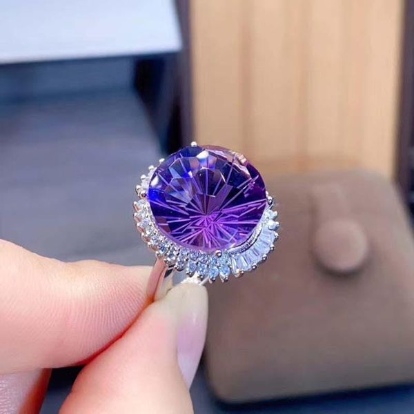 

cluster rings procogem 15mm round cuted amethyst ring for women party gifts purple crystal with cubic zirconia 925 sterling silver #861, Golden;silver