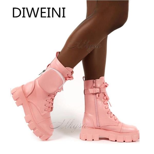

boots 2021 autumn winter bootie pocket buckle strap pink chunky sole pouch ankle shiny leather patchwork arrival platform, Black