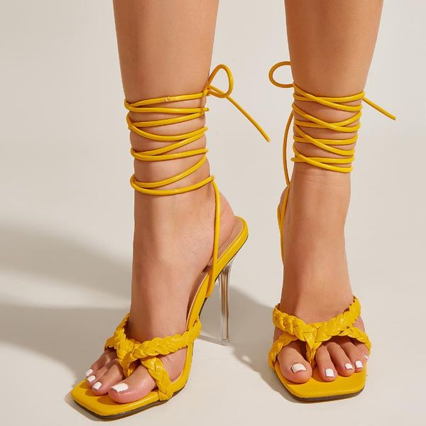 

sandals crystal gladiator women plus size 35-41 square high heels stiletto ankle strap clip toe summer shoes for lace up, Black