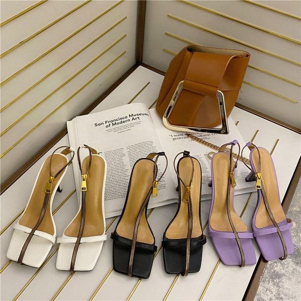 

summer front zip narrow band women sandals elegant high heel square open toe gladiator slides stiletto, Black