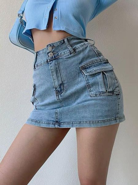 

high waist slim denim side womens skirt pocket stretch tight fitting hip mini retro fashion design sense tooling, Black
