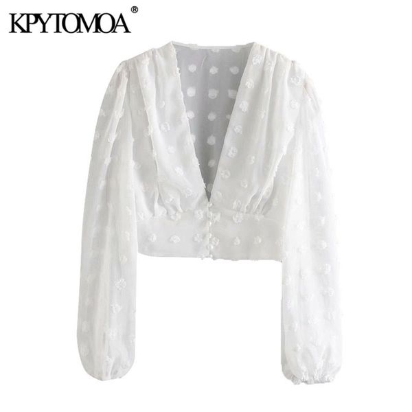 

women fashion see through dot chiffon cropped blouses vintage deep v neck lantern sleeve female shirts chic 210421, White