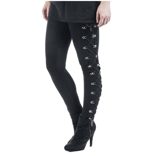 Leggings punk gotici da donna Casual tinta unita sottile in cotone dritto femminile pantaloni skinny con lacci neri Streetwear #T2G 211204