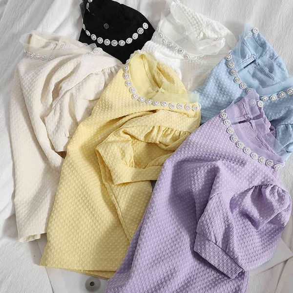 

fashion mesh stitching beaded o neck elegant puff sleeve shirt blouse for women summer wild thin korean vintage female 210420, White