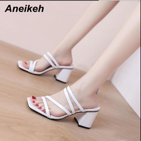

aneikeh summer zapatos de mujer slippers women 2021 pu peep toe square heel fashion concise shallow party solid outside leisure, Black
