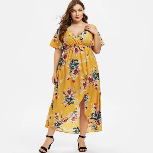 

plus size dresses floral printed woman dress short sleeve bell high low maxi robe grande taille femme summer women, Black
