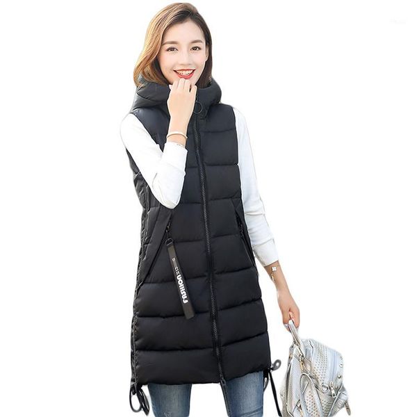 

women's vests womens autumn winter long vest waistcoat 2021 streetwear ladies slim sleeveless cotton padded hooded colete feminino cm18, Black;white