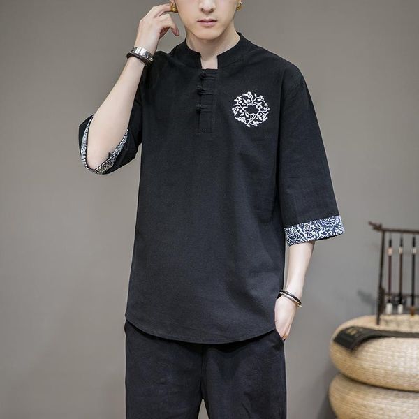 

men's t-shirts chinese style pure color cotton and linen embroidered shirt with short sleeves, easy loose, big size five-quarter sleeve, White;black