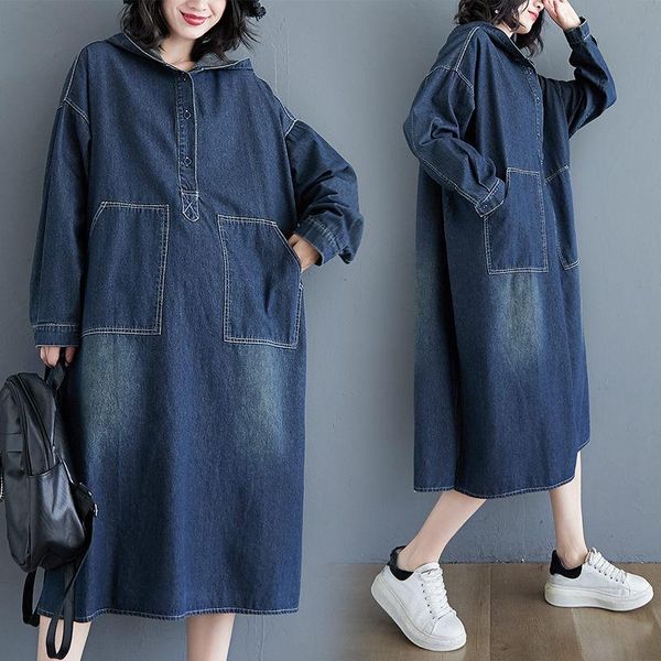 

vintage casual hooded denim dress women's long sleeved spring and autumn korean large size side slit jeans shirt y1238 dresses, Black;gray