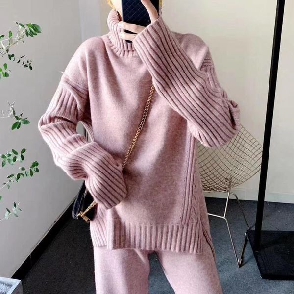 

women's two piece pants fall winter 2021 lazy loose tracksuit women knitted suits warm 2 set turtleneck sweater pullover + wide leg pan, White