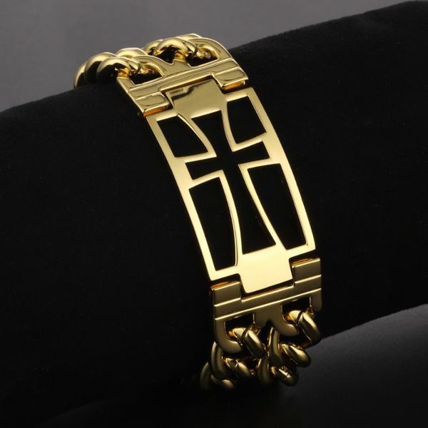 

link, chain very cool double stainless steel bracelet for men wide cross bracelets big hiphop jewelry gold color boy, Black