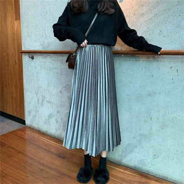

fashion winter high waist midi pleated skirts female velvet office lady solid color long vintage autumn wild clothes 210421, Black