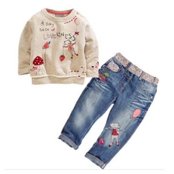 Moda Bambini Vestiti per ragazze Set Top in cotone a maniche lunghe + Jean 2 pezzi Primavera Autunno Kids Girl Abbigliamento Set Abiti 211025