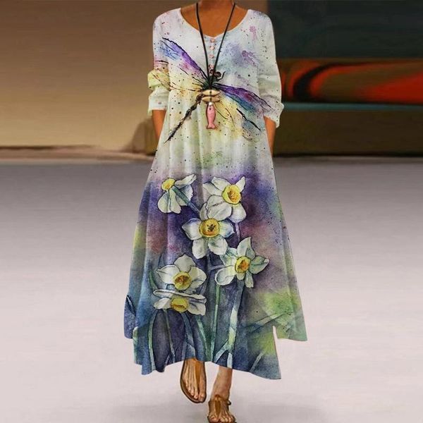 

casual dresses fashion floral print long dress for women 2021 elegant button up maxi sleeve loose vestidos, Black;gray