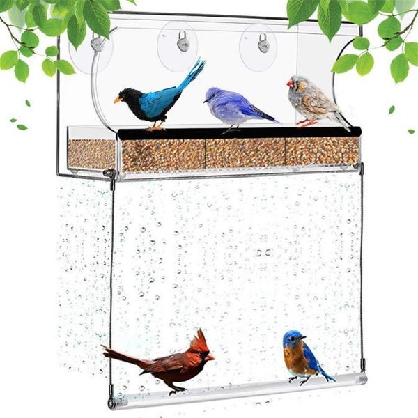 

window hanging bird feeder extended roof sliding feeding tray drainage device suction cup mount house type 31.5x12x15cm cages