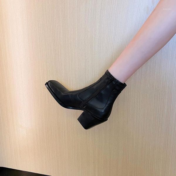 

boots 2021 winter black square toe thick heel short leather women ankle shoes1