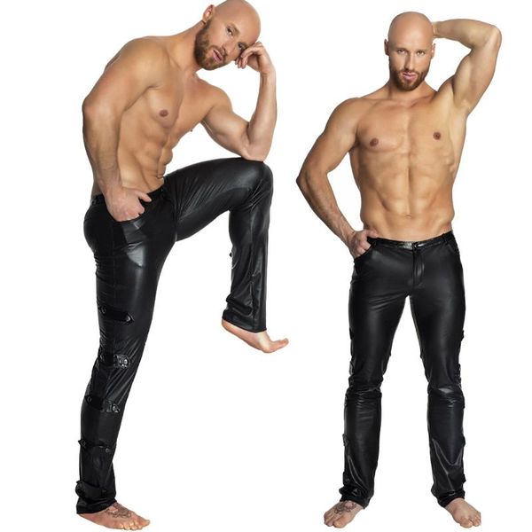 

men's pants s-2xl black shiny pu leather men elastic slim fit trousers male casual motorcycle faux jogger