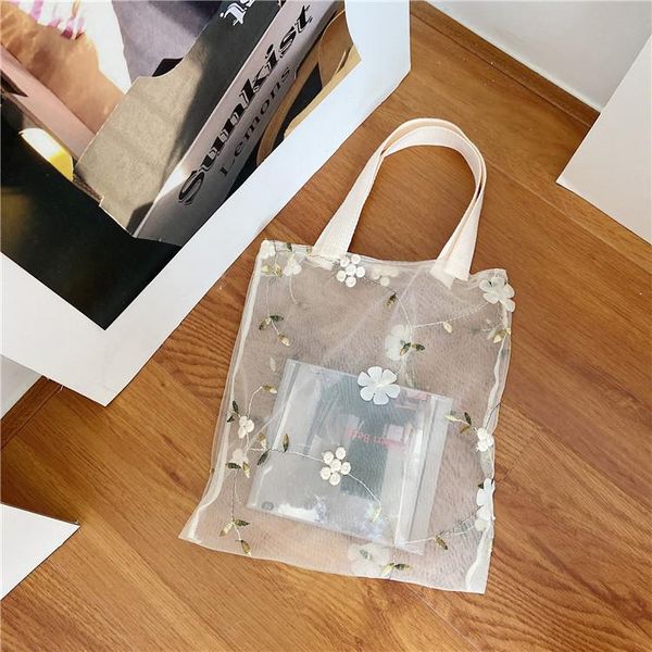 

summer female flower embroidery hand bag casual tote mesh floral bags eco-friendly shopping handbag evening