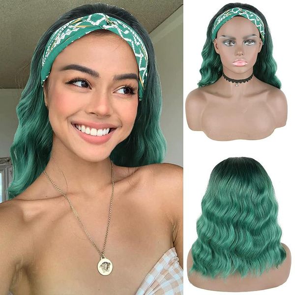 

synthetic wigs 10 12 14 inches ombre green gray brown bob wig with headband glueless none lace frontal for black women