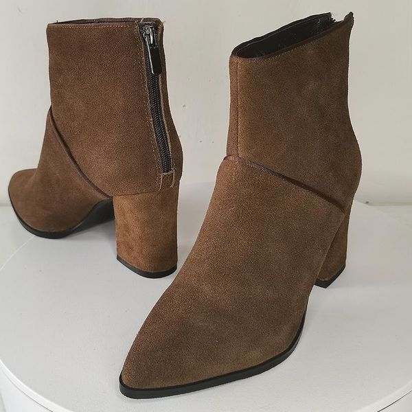 

boots women ankle genuine leather shoes plus size 22-26.5 cm cow suede high heel back zipper coffee 2 colors, Black