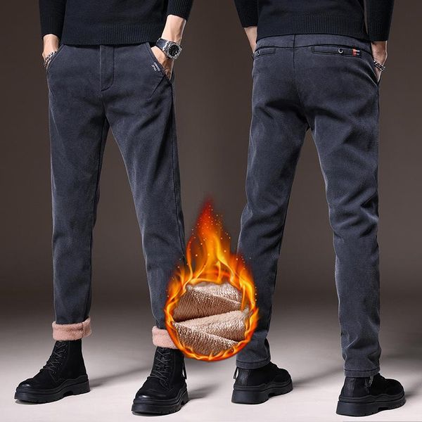 

men's pants winter thick warm corduroy casual business fashion classic style fitted version fleece trousers male brand clothing, Black