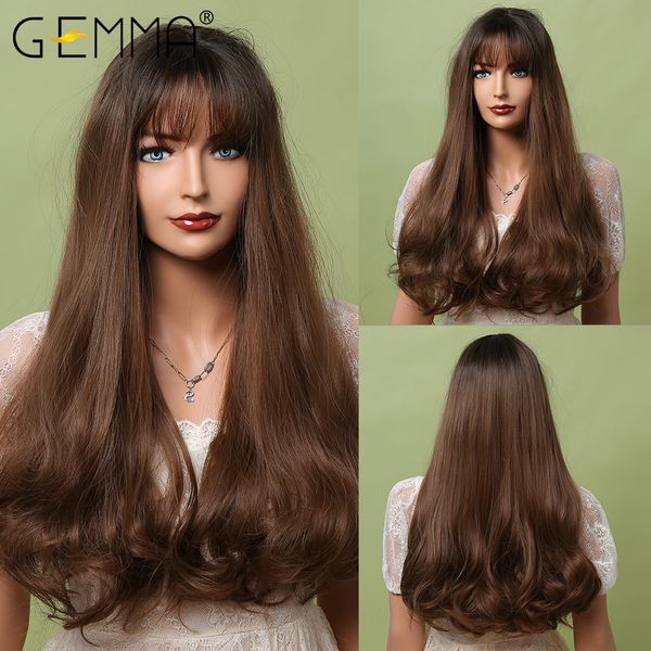 

long wavy omber black brown synthetic wigs with bangs cosplay party natural daily heat resistant hair wigs for women afro