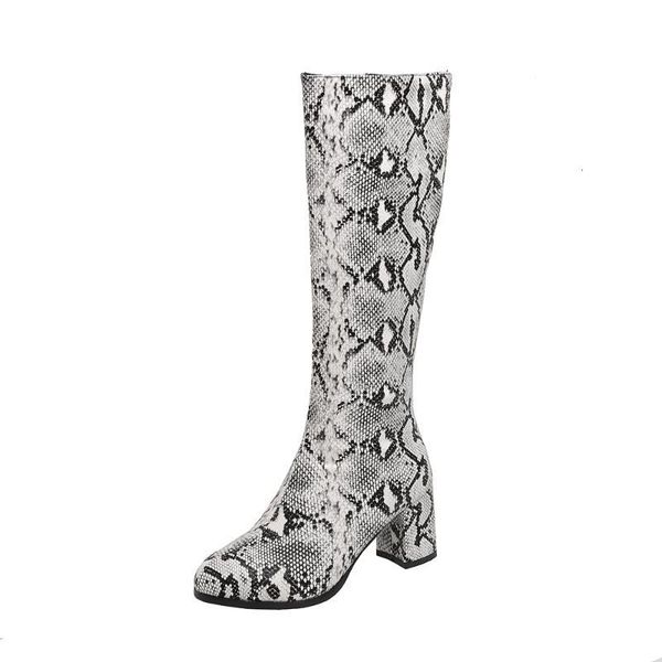 

boots fancy snake print thick-heel knee-length round toe high-heel scales pattern side zipper women's ua8s, Black