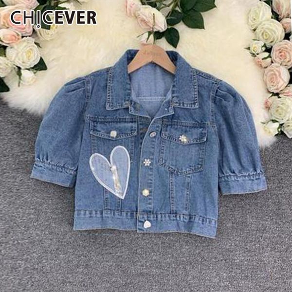 

women's jackets chicever patchwork diamonds blue denim coat for women lapel puff short sleeve slim korean female spring fashion 2021, Black;brown