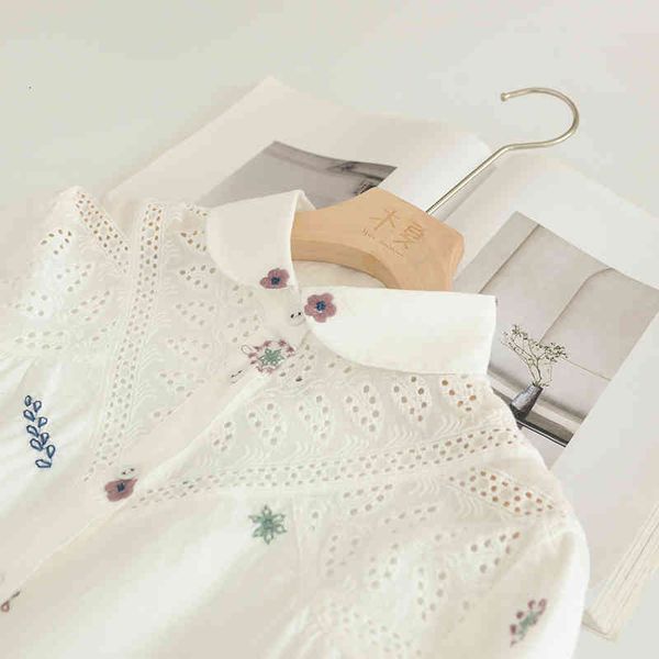 

women's blouses & shirts lamtrip cartoon embroidery hollow out long sleeve peter pan collar cotton shirt blouse 2e4v, White