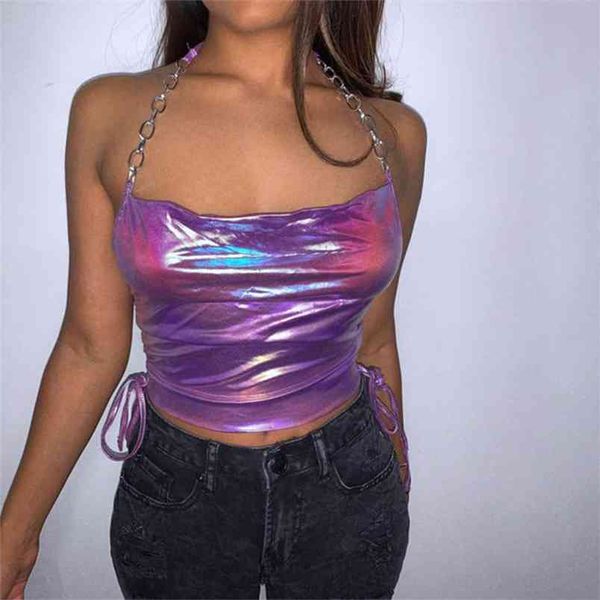 

omsj fashion close-fitting halter with drawstring womens sleeveless folds purple dream vest chain sling s 210517, White
