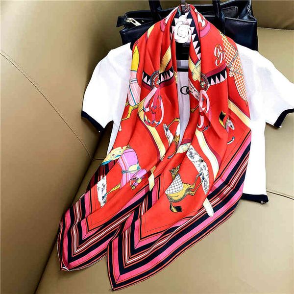 

south korea spring and autumn new silk scarf 2021 winter temperament decorative silk carriage 90cm square scarf, Blue;gray