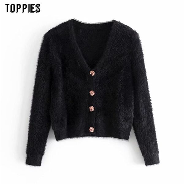 Mulher Cardigan Sweater Black Faux Fur tops Botão de Inverno Casaco Casaco Moda V-Pescoço Cardigans curtos 210421