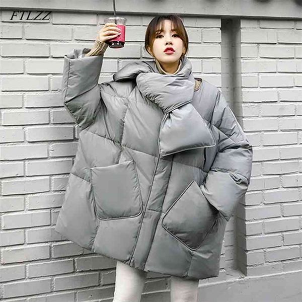 

winter with scarf jacket women duck down coat loose warm parkas female medium long overcoat 210430, Black