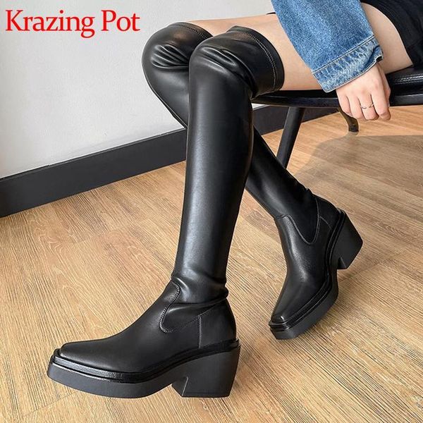 

boots krazing pot cow leather winter keep warm knight square toe slip on style high heels european chic over-the-knee l6m, Black
