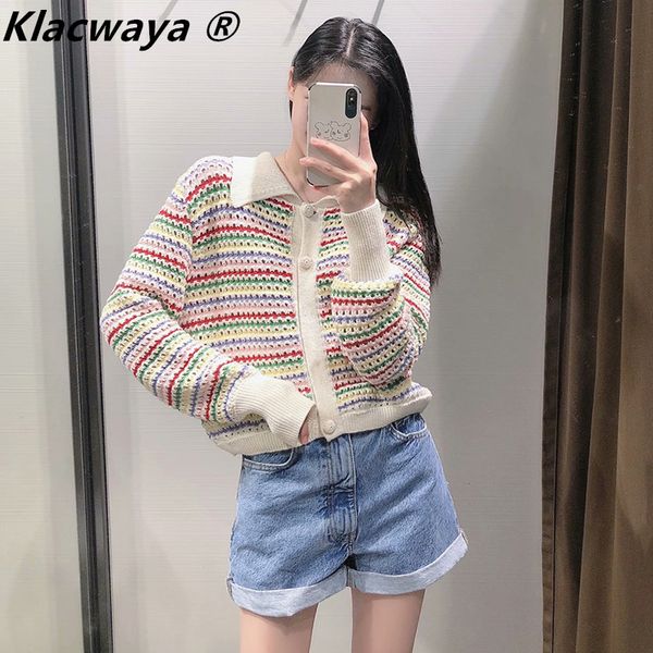 

za women's hollow design knit cardigan rainbow striped lapel single-breasted long-sleeved sweet knitted jacket spring 210521, White