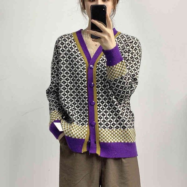 

women's jackets korobov korean v neck long sleeve cardigans women japanese hit color patchwork plaid sweater vintage button knit cardig, Black;brown