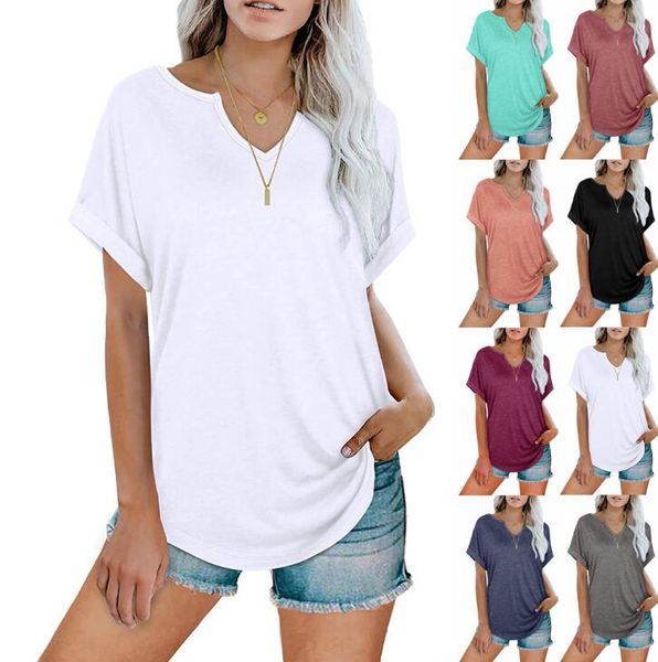 Mulheres camisetas Camisa de manga curta moda cor sólida em v-pescoço camisas casuais pullovers top solto retalhos Tees roupas 9Colors wmq1300