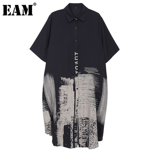 

[eam] women black big size letter print casual dress lapel short sleeve loose fit fashion spring summer 1dd7147 210512, Black;gray
