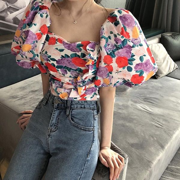 

women's blouses & shirts vintage floral women blouse summer design 2021 square collar puff sleeved bandage slim short empired female pu, White