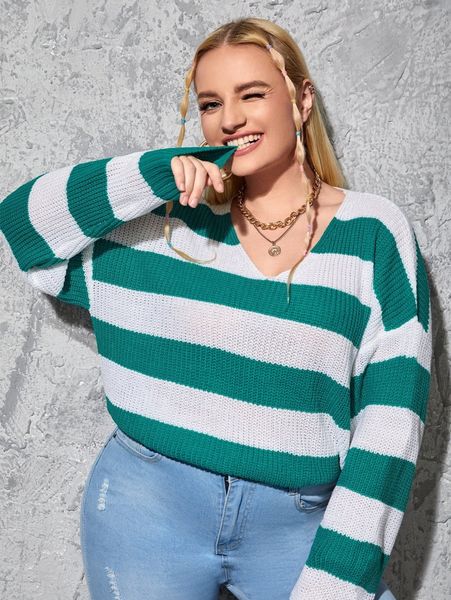 

plus block stripe pattern drop shoulder sweater p1hu#, Black