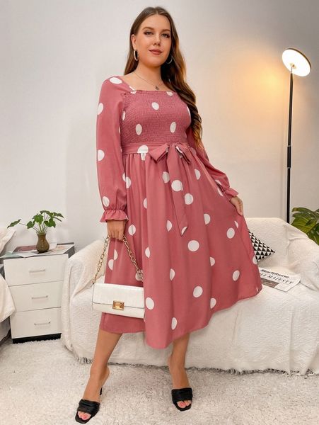 

plus polka dot flounce sleeve shirred square neck belted dress w8pc#, Black