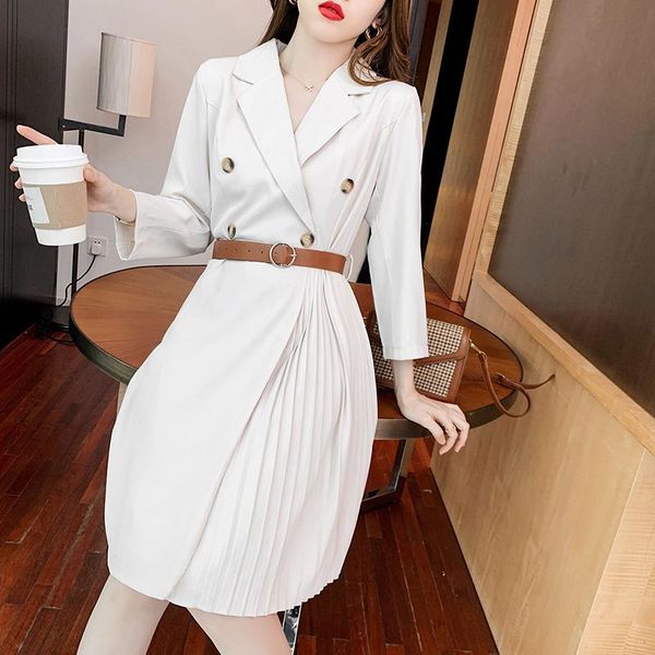 

casual dresses superaen 2021 solid office lady notched a line pleated white suit woman dress, Black;gray