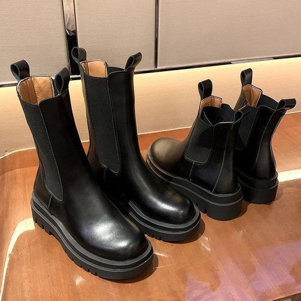 

boots woman flat luxury designer winter footwear round toe female shoes clogs platform boots-women low fashion 2021 mid-calf ru, Black