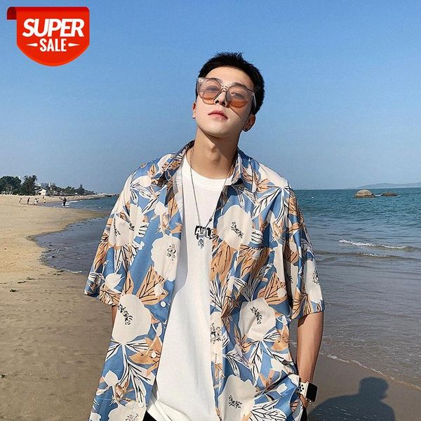 

wei yi shirt men's short-sleeved hong kong style ruffian handsome flower jacket loose trend all-match clothes #1e8e, White;black