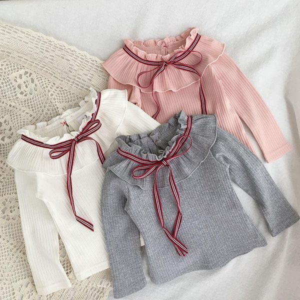 

t-shirts 2021 autumn baby girl long sleeve t shirts infant ribbed cotton toddler bow bottoming ruffles tee kids clothes, Blue