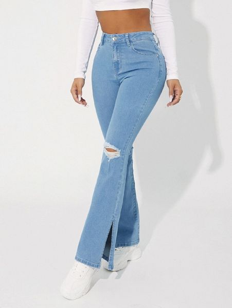 

petite split hem flared leg ripped jeans c0um#, Blue