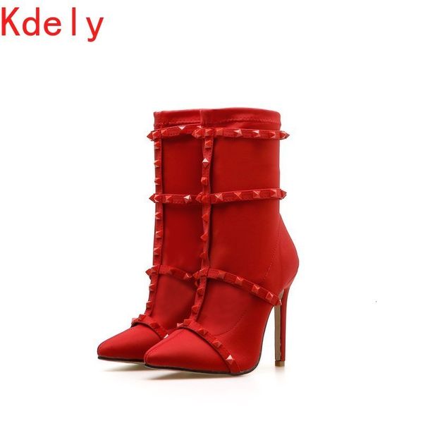 

boots fashion luxury women 11.5cm high heels fetish rivets silk sock stiletto ankle scarpins studded red spring shoes 6qa0, Black