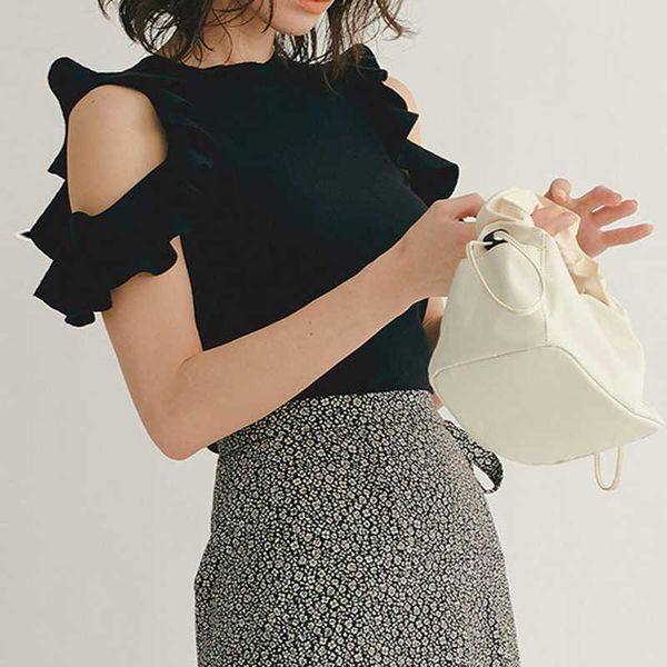 

sweet shoulder strapless pullover fashion elegant o neck knit sweater women spring summer candy color bottoming tshirts 210525, White